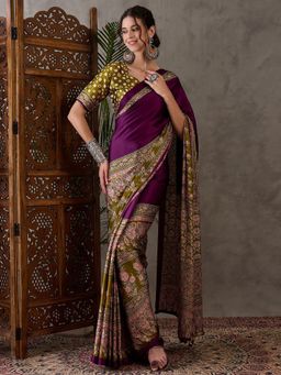 Odette - Women Purple Silk Blend Printed Elegant Saree with Unstitched Blouse