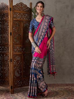 Odette - Women Pink Silk Blend Printed Elegant Saree with Unstitched Blouse