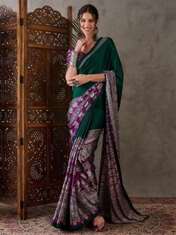 Odette - Women Green Silk Blend Printed Elegant Saree with Unstitched Blouse