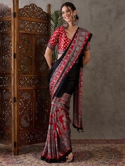 Odette - Women Black Silk Blend Printed Elegant Saree with Unstitched Blouse