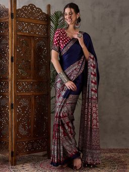 Odette - Women Navy Blue Silk Blend Printed Elegant Saree with Unstitched Blouse