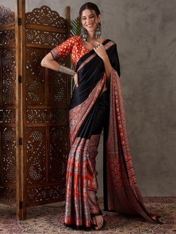 Odette - Women Black Silk Blend Printed Elegant Saree with Unstitched Blouse