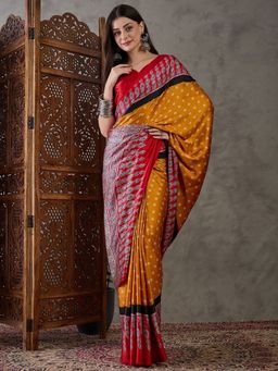 Odette - Women Yellow Silk Blend Printed Elegant Saree with Unstitched Blouse