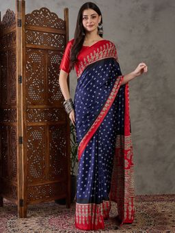 Odette - Women Navy Blue Silk Blend Printed Elegant Saree with Unstitched Blouse