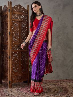 Odette - Women Purple Silk Blend Printed Elegant Saree with Unstitched Blouse