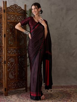 Odette - Women Black Silk Blend Printed Elegant Saree with Unstitched Blouse