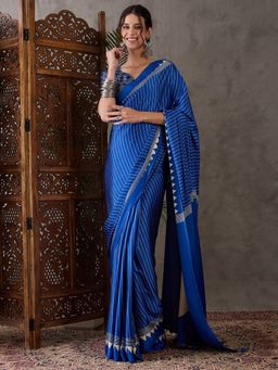 Odette - Women Blue Silk Blend Printed Elegant Saree with Unstitched Blouse