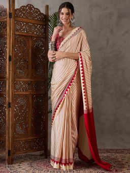 Odette - Women Cream Silk Blend Printed Elegant Saree with Unstitched Blouse