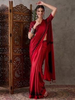 Odette - Women Red Silk Blend Printed Elegant Saree with Unstitched Blouse