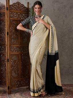 Odette - Women Cream Silk Blend Printed Elegant Saree with Unstitched Blouse