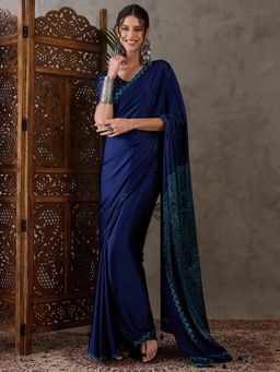 Odette - Women Blue Silk Blend Printed Elegant Saree with Unstitched Blouse
