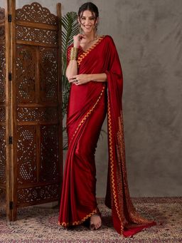 Odette - Women Red Silk Blend Printed Elegant Saree with Unstitched Blouse
