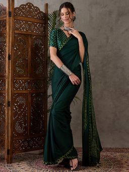 Odette - Women Green Silk Blend Printed Elegant Saree with Unstitched Blouse