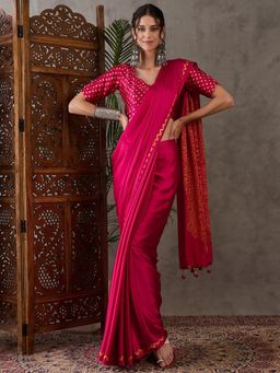 Odette - Women Pink Silk Blend Printed Elegant Saree with Unstitched Blouse