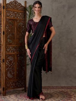 Odette - Women Black Silk Blend Printed Elegant Saree with Unstitched Blouse