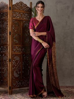 Odette - Women Maroon Silk Blend Printed Elegant Saree with Unstitched Blouse