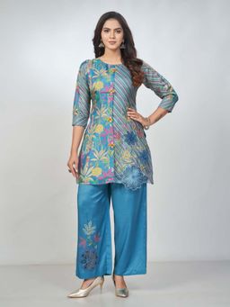 Amchoor - Women Blue Russian Silk Embroidered Tunic with Palazzo