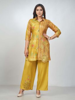 Amchoor - Women Mustard Russian Silk Embroidered Tunic with Palazzo