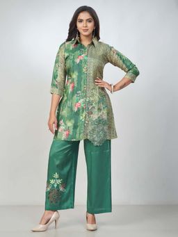 Amchoor - Women Green Russian Silk Embroidered Tunic with Palazzo