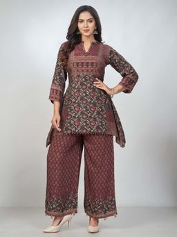 Amchoor - Women Maroon Viscose Silk Digital Print Kurta with Palazzo
