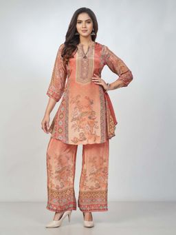 Amchoor - Women Rust Crepe Floral Printed Kurta with Palazzo