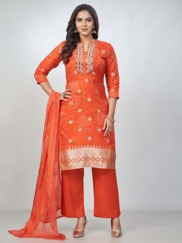 Amchoor - Women Orange Organza Jacquard Bandhani Kurta with Pant and Dupatta