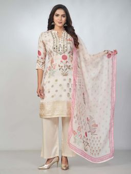 Amchoor - Women Cream Organza Jacquard Bandhani Kurta with Pant and Dupatta