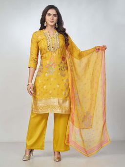 Amchoor - Women Mustard Organza Jacquard Bandhani Kurta with Pant and Dupatta