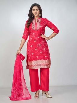 Amchoor - Women Pink Organza Bandhani Kurta with Pant and Dupatta