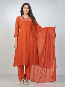 Amchoor - Women Rust Mul Cotton Solid Kurta with Pant and Dupatta