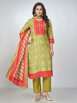Amchoor - Women Green Russian Silk Bandhani Kurta with Pant and Dupatta