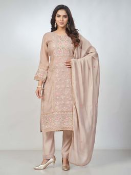 Amchoor - Women Mauve Mul Chanderi Embroidered Kurta with Pant and Dupatta