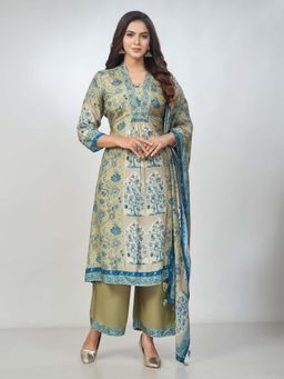 Amchoor - Women Green Muslin Floral Printed Kurta with Palazzo and Dupatta