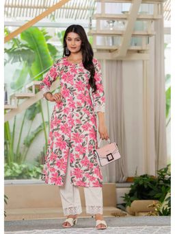 PISTAA - Pista Pink Women's Floral Print A-Line Lace Kurta with Pant