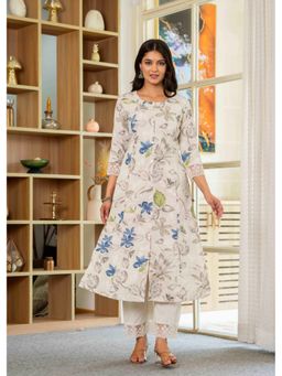 PISTAA - Pista Grey Women's Floral Print A-Line Lace Kurta with Pant