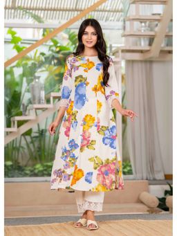 PISTAA - Pista Multi-Color Women's Floral Print A-Line Lace Kurta with Pant