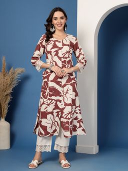 PISTAA - Pista Maroon Women's Floral Print A-Line Lace Kurta with Pant