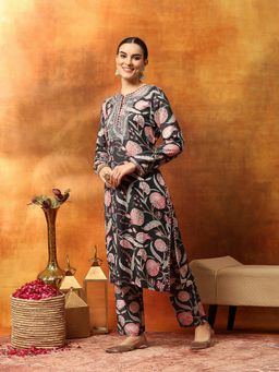 Nayam by lakshita - Black Floral Printed Straight with Zari Detailing Kurta with Pant