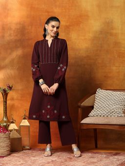 Nayam by lakshita - Maroon Wool Blend with Embroidered Kurta with Pant
