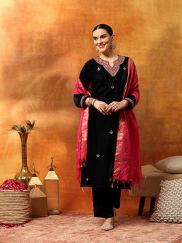 Nayam by lakshita - Navy Blue Embroidered Velvet with Art Silk Kurta with Pant and Dupatta
