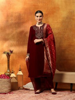 Nayam by lakshita - Maroon Velvet Embroidery Kurta with Pant and Dupatta