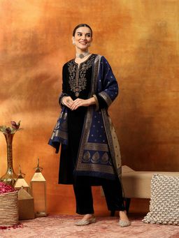 Nayam by lakshita - Navy Blue Velvet Embroidery Kurta with Pant and Dupatta