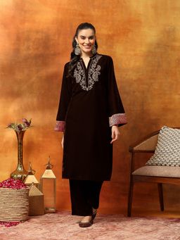 Nayam by lakshita - Brown Velvet with Zari Embroidery and Brocade Cuffs Kurta with Pant