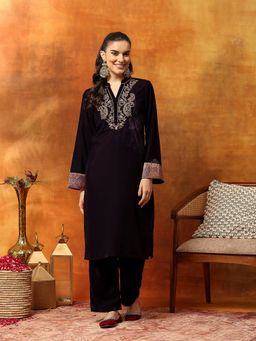Nayam by lakshita - Purple Velvet with Zari Embroidery and Brocade Cuffs Kurta with Pant