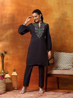 Nayam by lakshita - Navy Blue Solid Viscose Rayon with Thread Embroidery Kurta with Pant