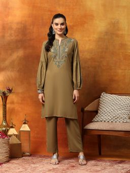 Nayam by lakshita - Olive Solid Viscose Rayon with Thread Embroidery Kurta with Pant