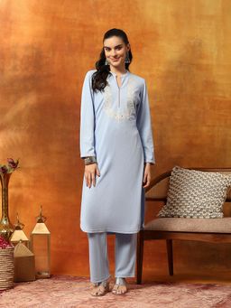 Nayam by lakshita - Blue Wool Blend with Embroidered Yoke Kurta with Pant