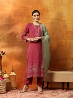 Nayam by lakshita - Pink Floral Printed Wool Blend Cotton Kurta with Pant and Dupatta