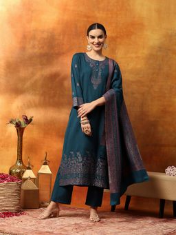 Nayam by lakshita - Teal Floral Printed Wool Blend Cotton Kurta with Pant and Dupatta