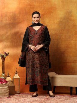 Nayam by lakshita - Black Floral Wool Blend with Swarovski Work Kurta with Pant and Dupatta